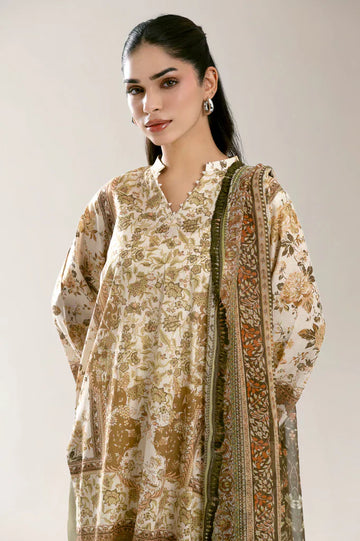 Printed Lawn Beige Unstitched 3Pc