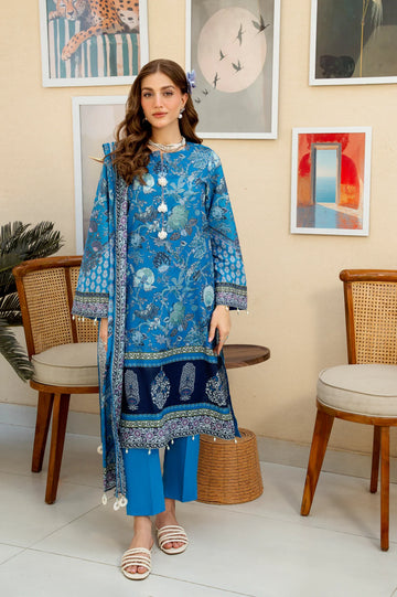 Printed Lawn-Blue Unstitched 3PC