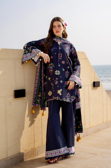 Printed Lawn-Navy Blue Unstitched 3PC