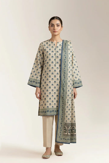 Printed Lawn-Beige Unstitched 3PC