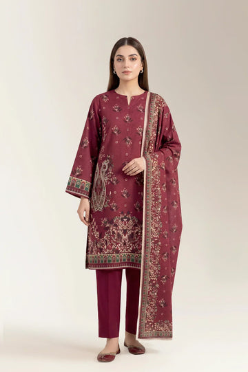 Printed Lawn-Maroon Unstitched 3PC