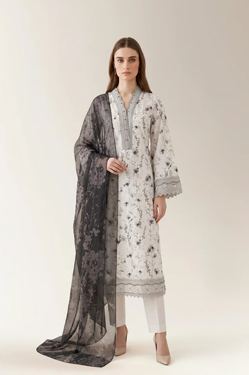 Printed Chikankari-White Unstitched 3PC