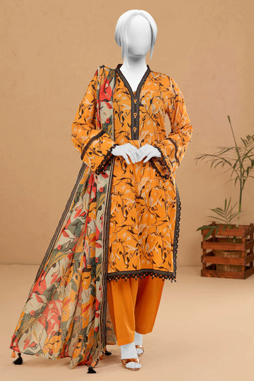 Light Orange Printed Unstitched Kurti With Dupatta