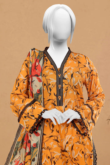 Light Orange Printed Unstitched Kurti With Dupatta