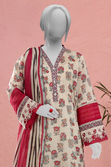 Cream Printed Unstitched Kurti With Dupatta