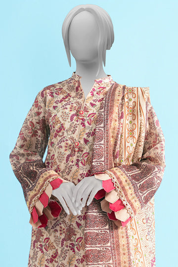 Beige Printed Unstitched Kurti With Dupatta