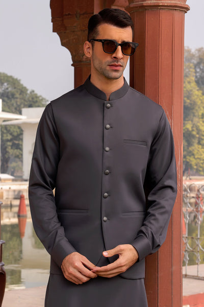 Men Coffee Grey Shalwar Kameez with Waistcoat