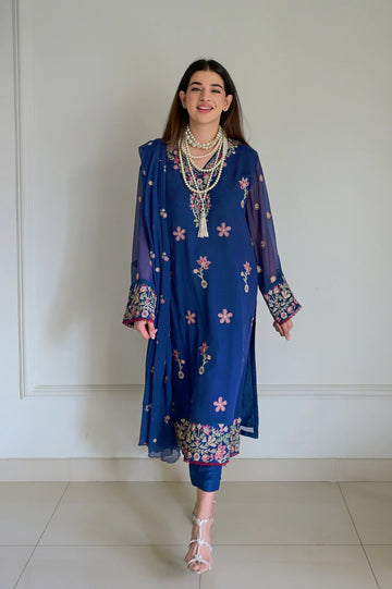 Embroidered Chiffon Blue 3PC