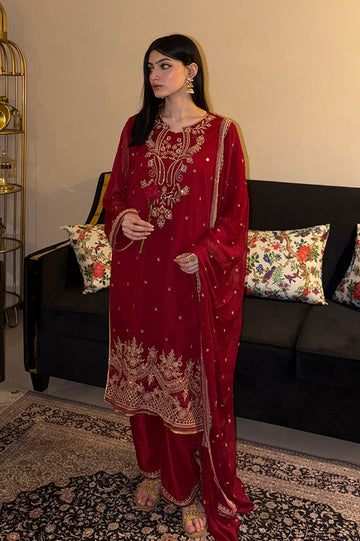 Embroidered Chiffon Maroon 3PC