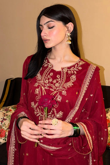Embroidered Chiffon Maroon 3PC