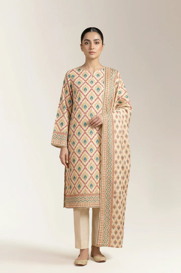 Printed Lawn-Beige Unstitched 3PC