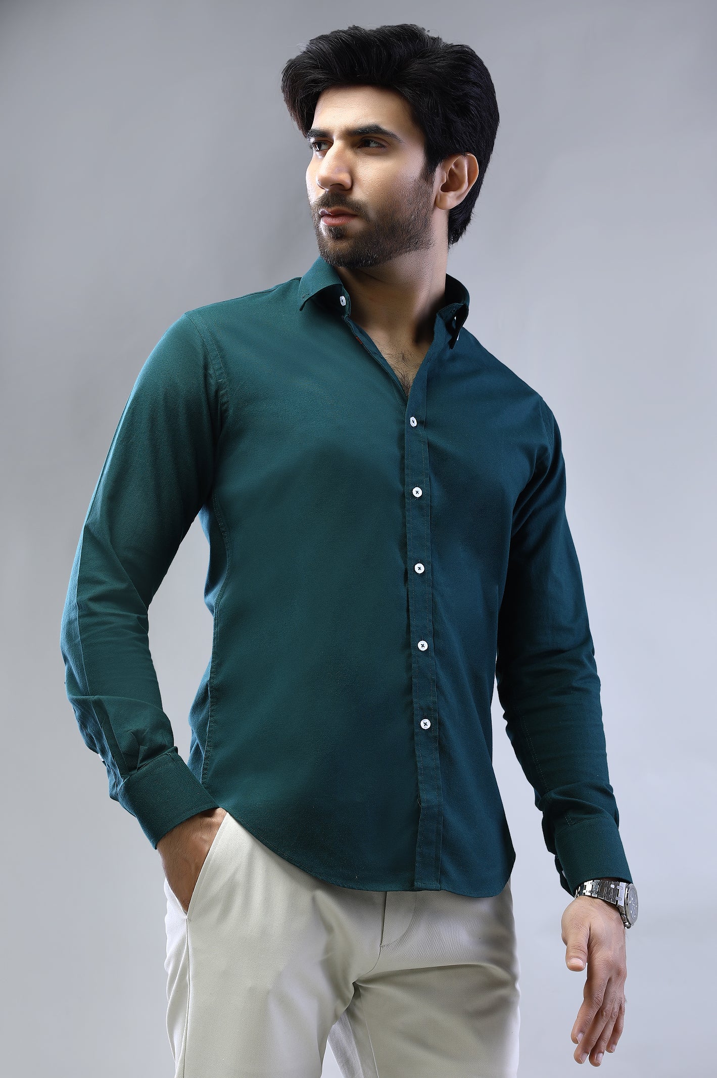 Green Plain Casual Shirt for Men - Diners