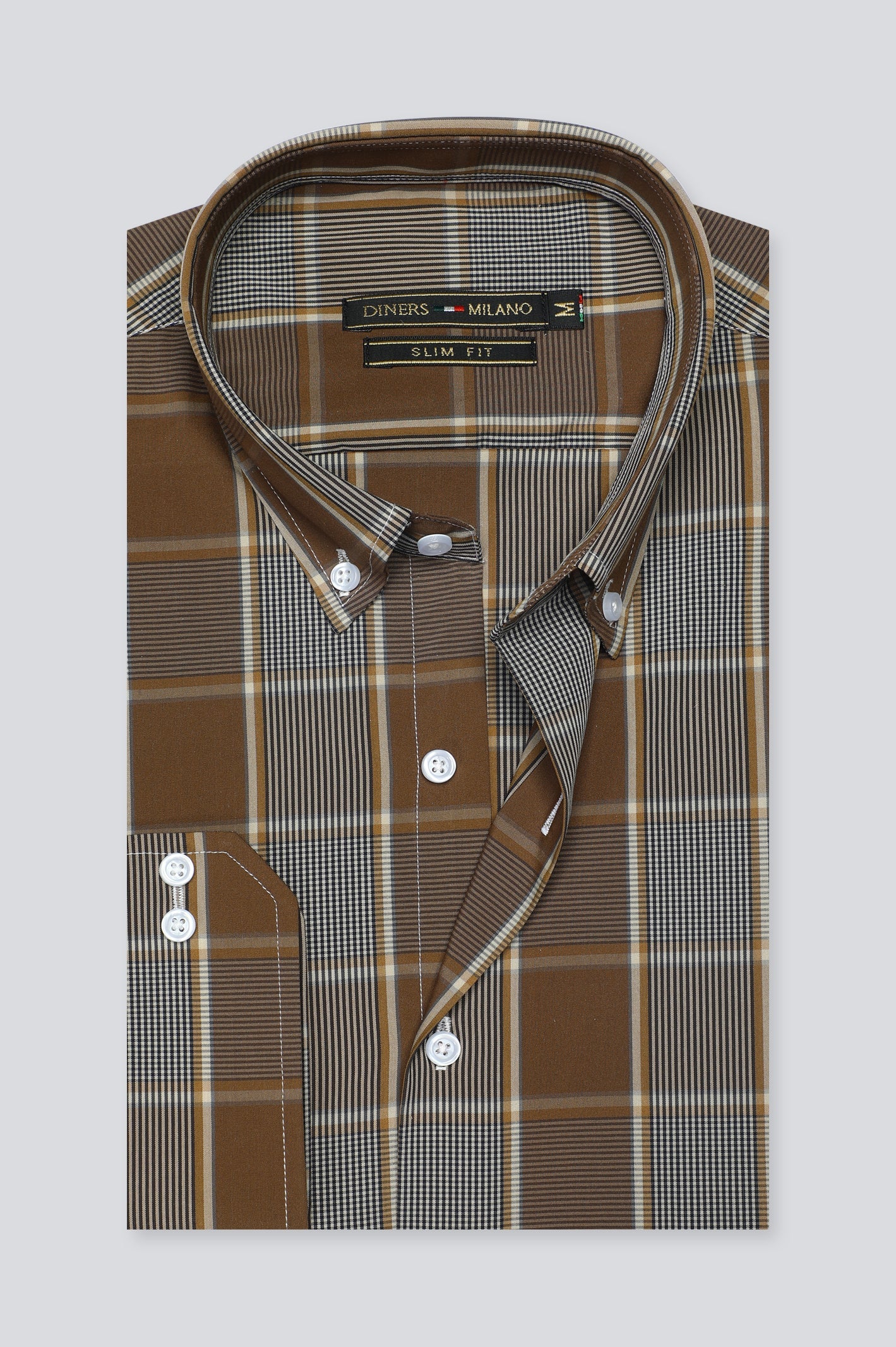 Dark Brown Gingham Check Casual Milano Shirt for Men - Diners
