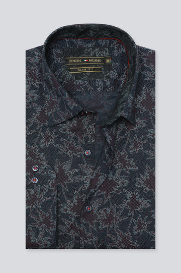 Navy Blue Printed Casual Milano Shirt for Men - Diners
