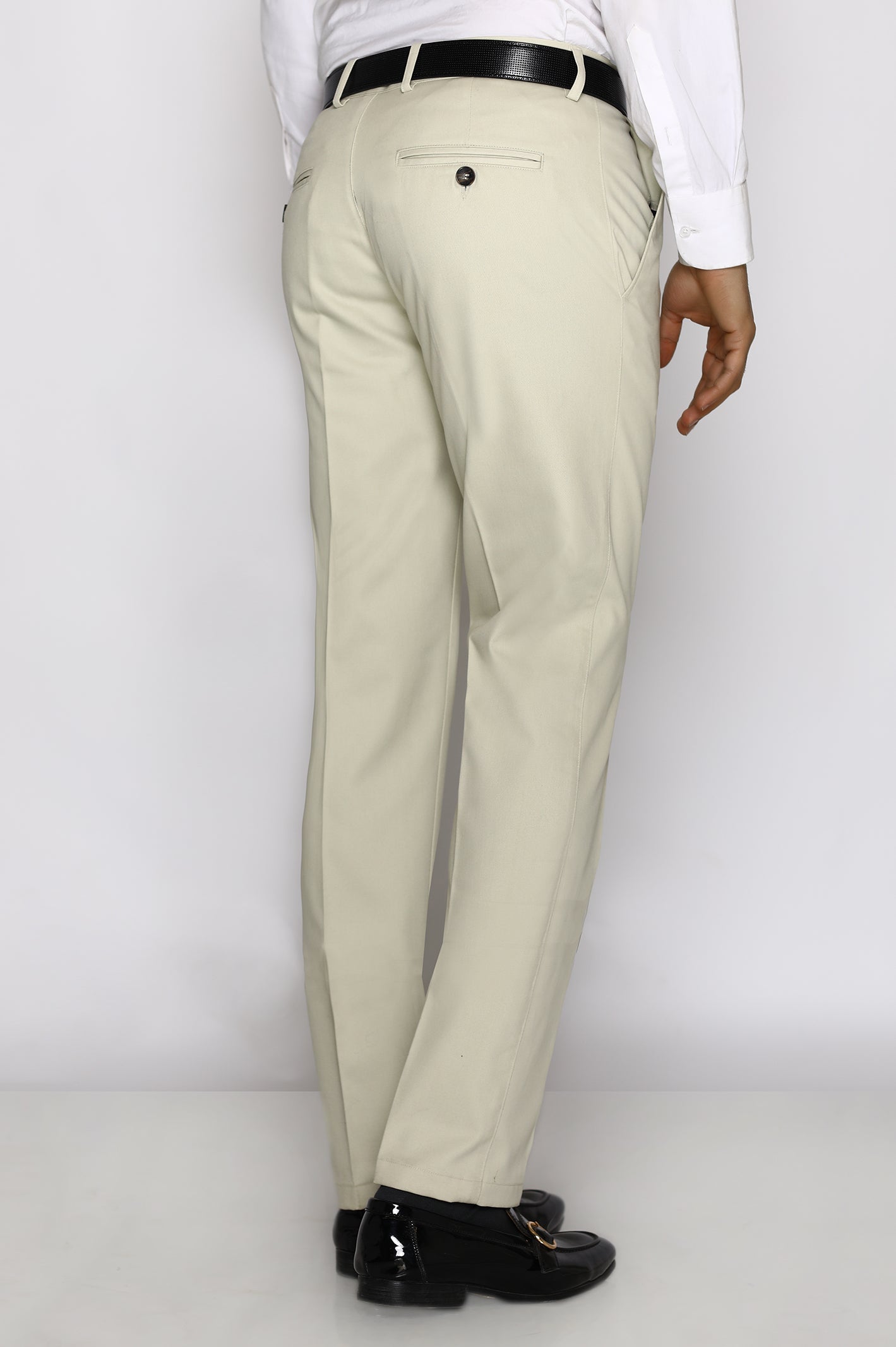 Peter England cream round insert front pockets with jetted back pocket  comfort fit cotton trousers