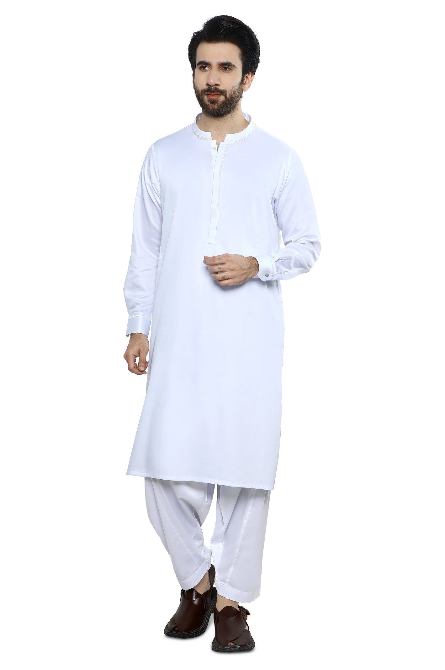 White Cotton Satin Shalwar Kameez – Diners Pakistan