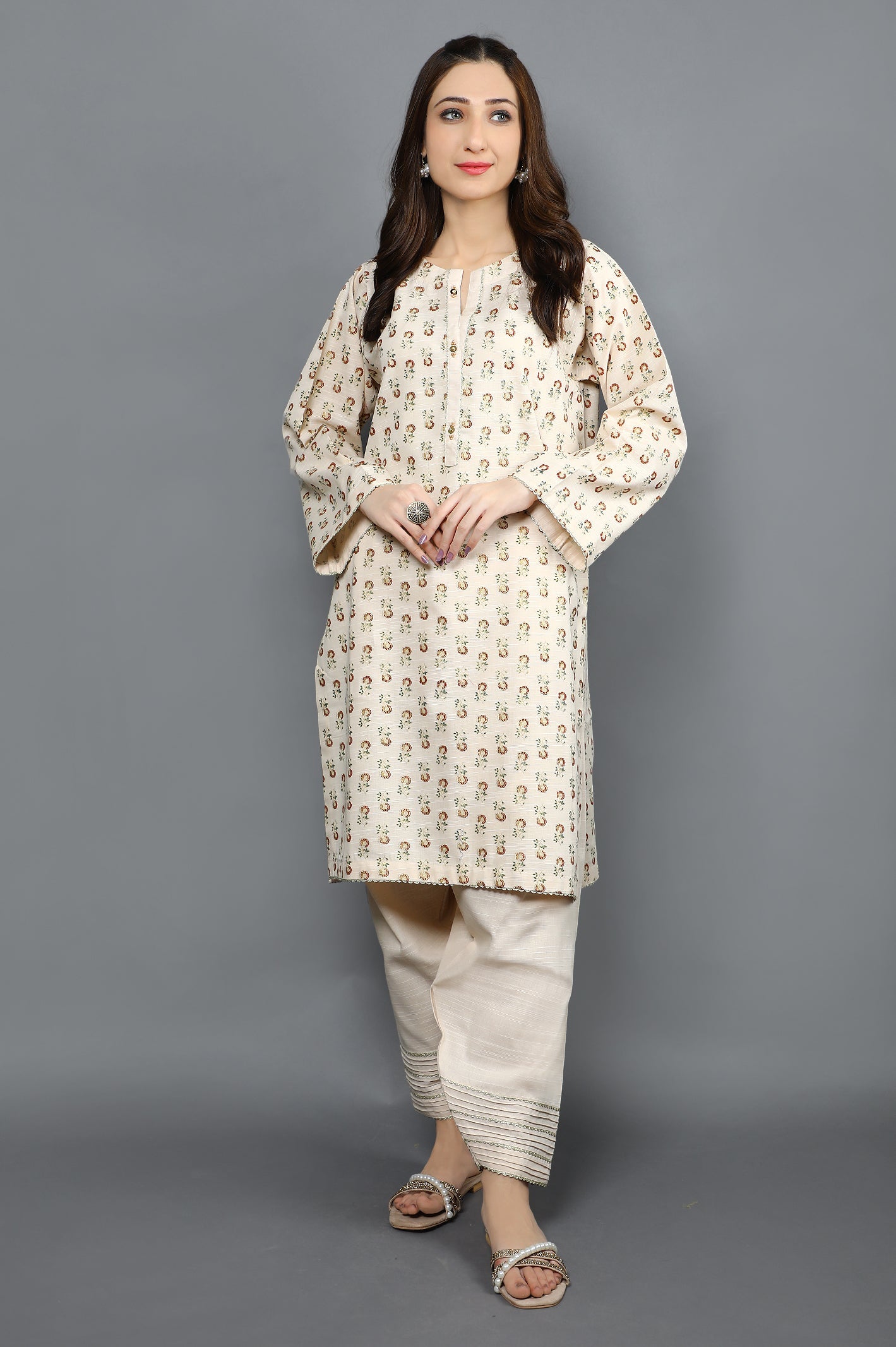 Women Stitched Kurti with Trouser SKU: WK20075-BEIGE - Diners