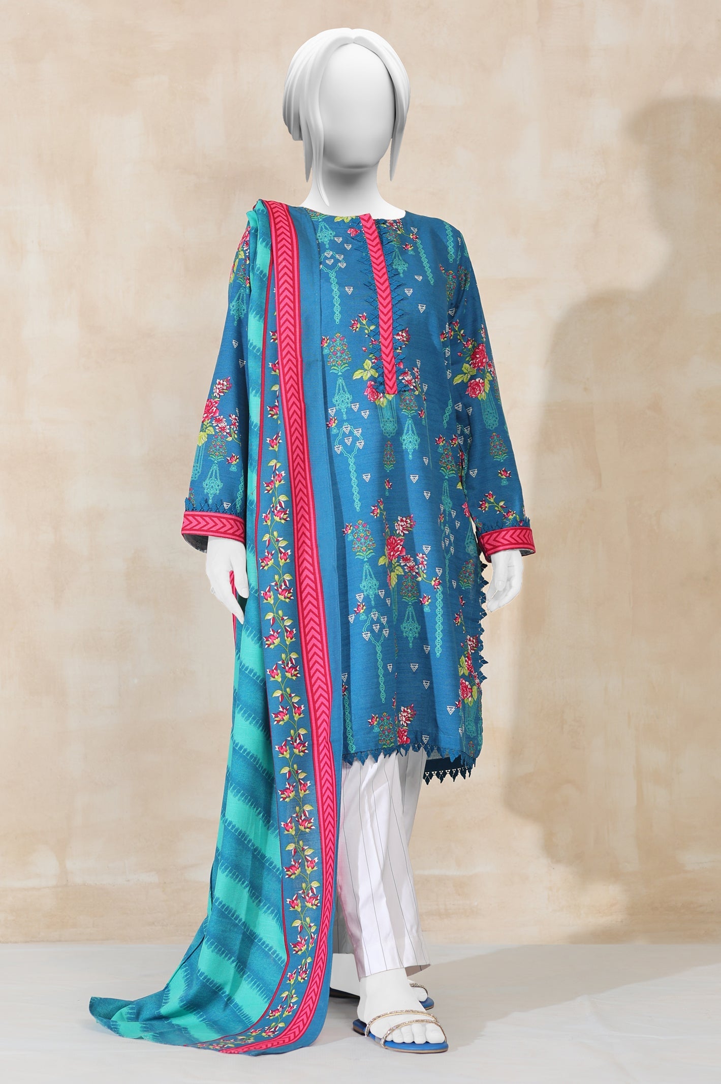 2PC Printed Khaddar Blue Suit - Diners