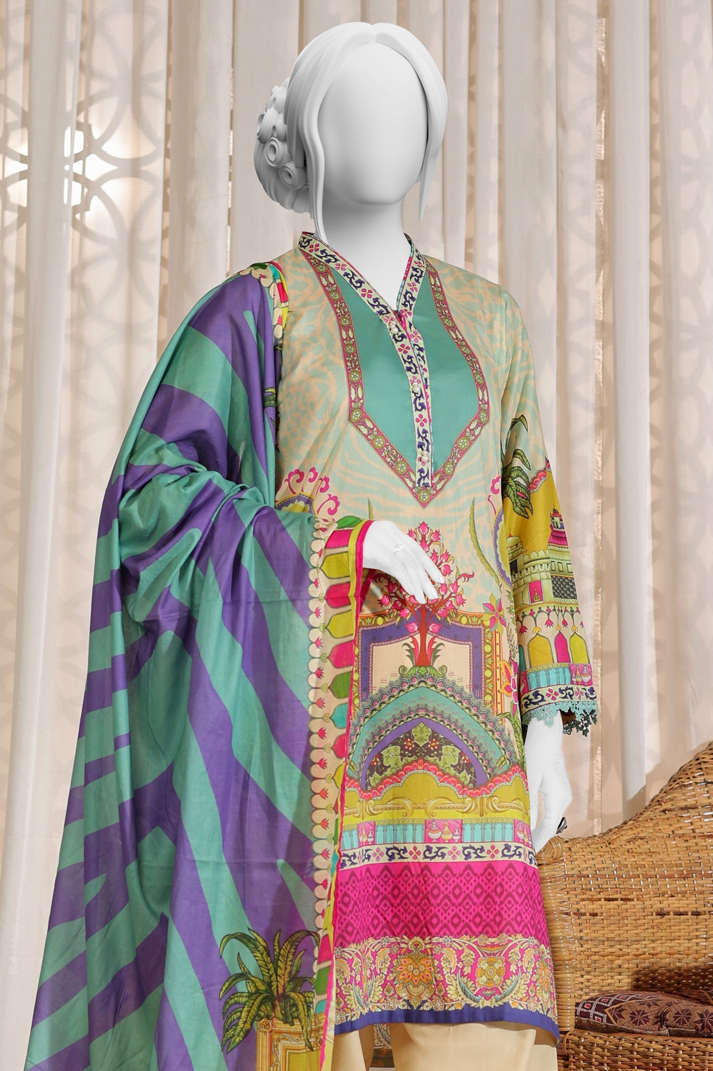 3PC Printed Lawn Beige Suit - Diners