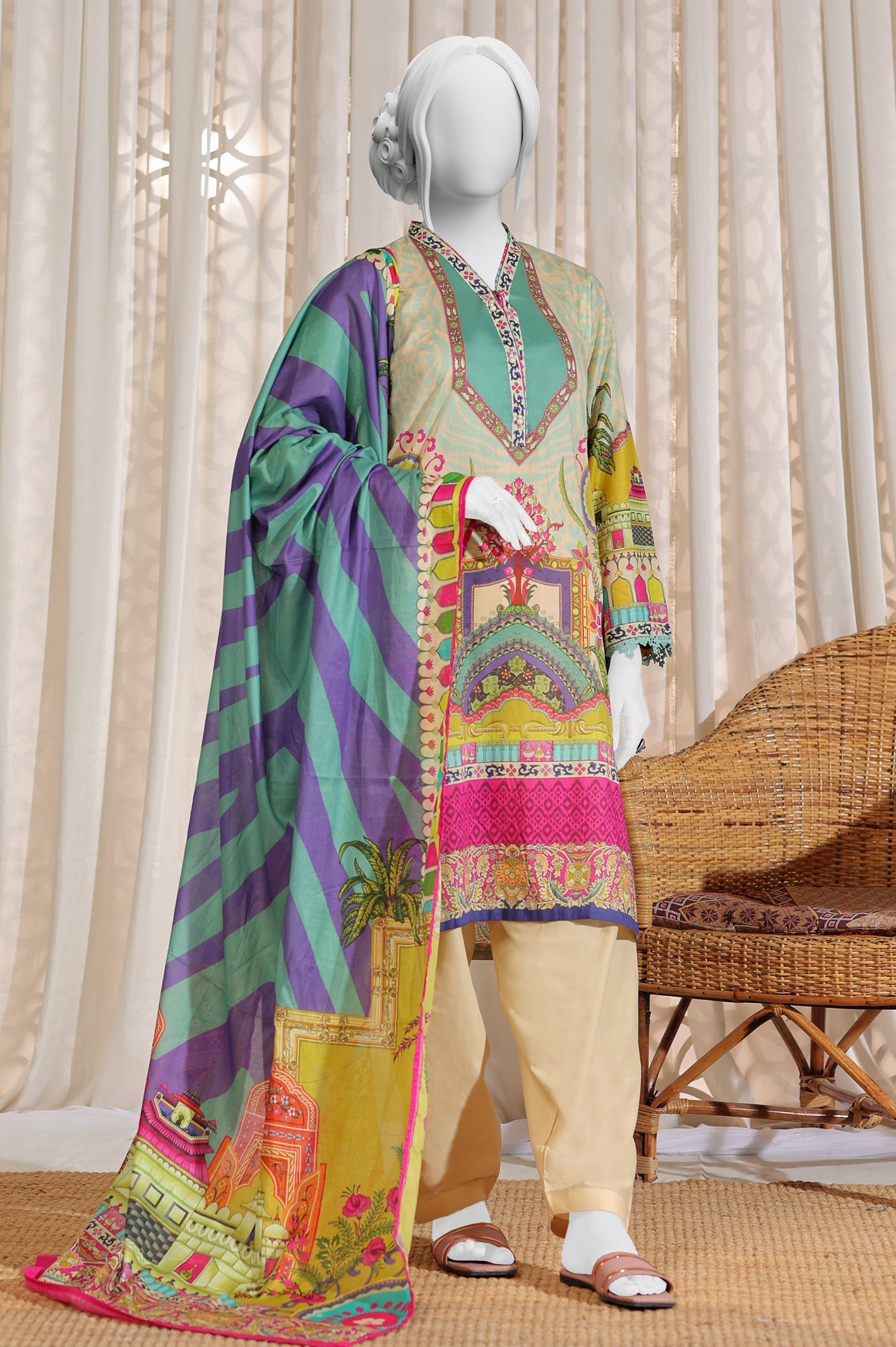 3PC Printed Lawn Beige Suit - Diners