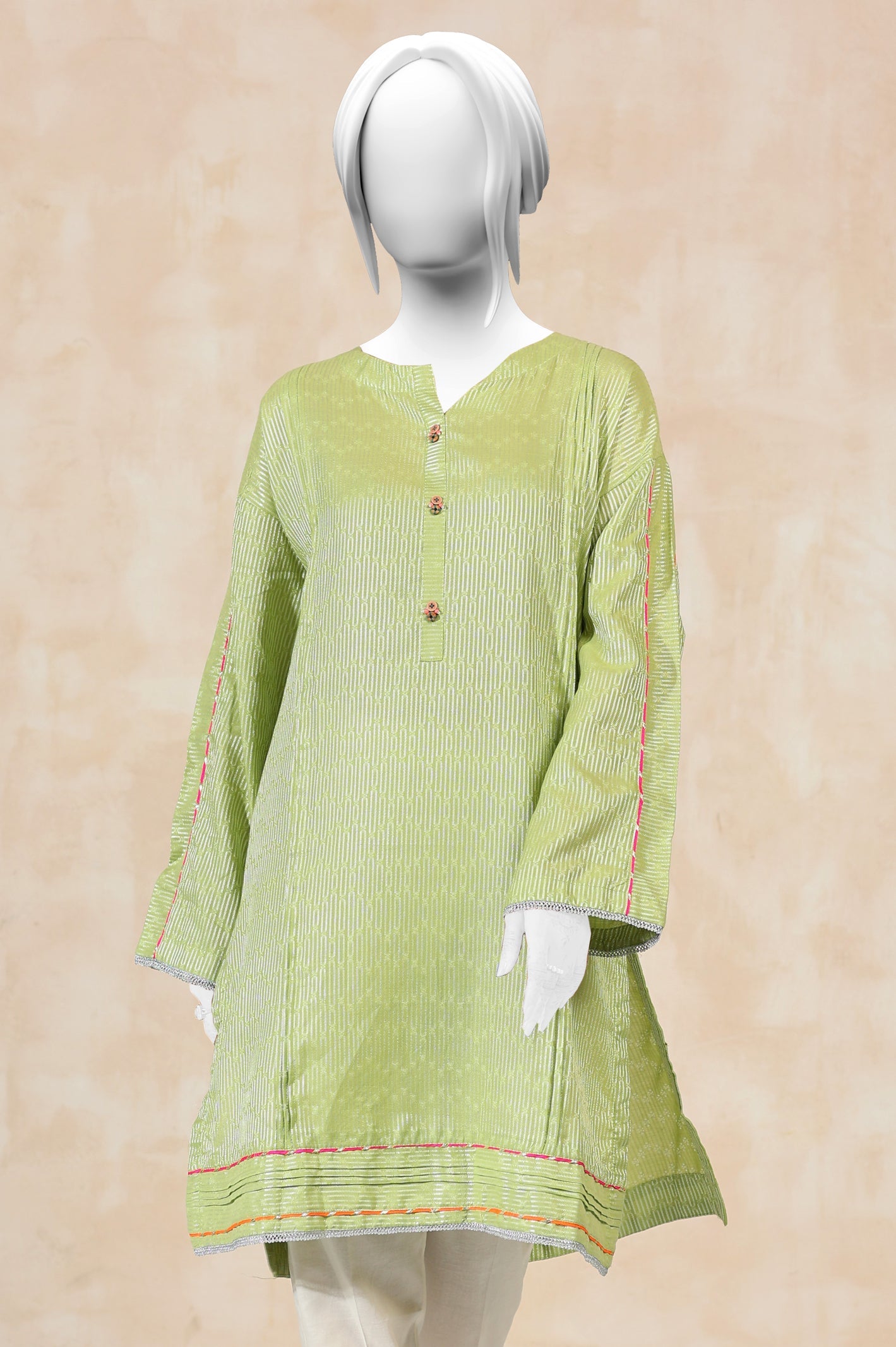 Printed Dobby Zardozi Green Kurti - Diners