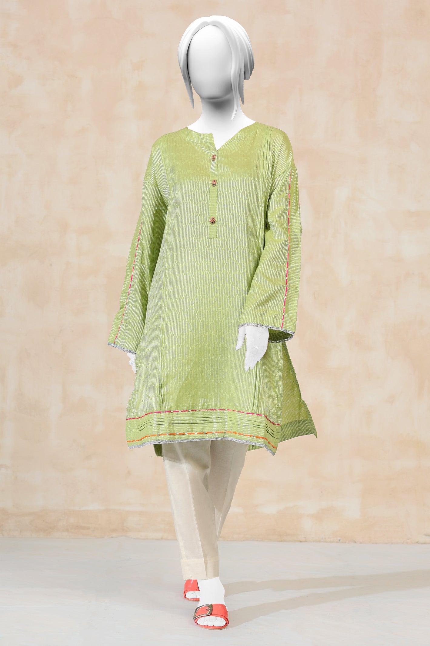 Printed Dobby Zardozi Green Kurti - Diners