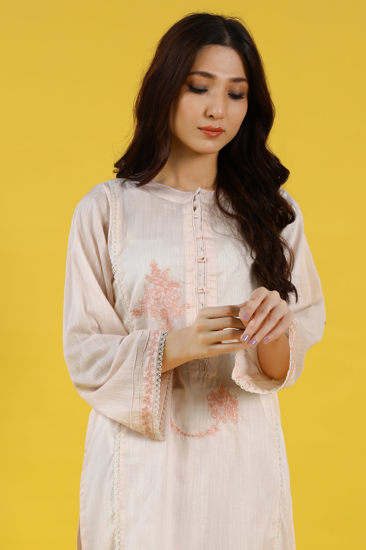 Solid Embroidered Stitched Kurti - Diners