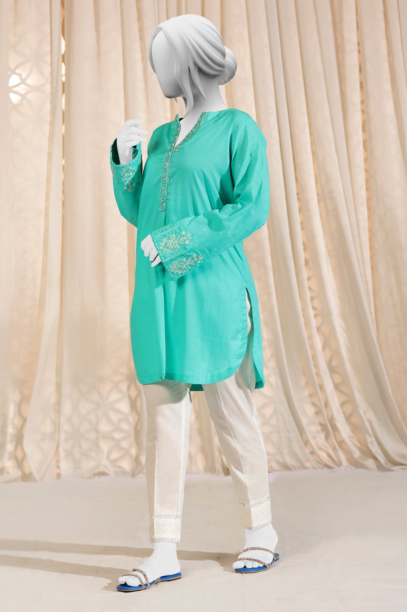 Embroidered Turquoise Dobby Kurti - Diners