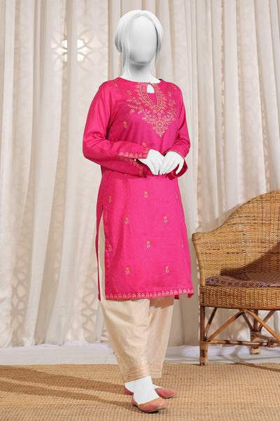 Embroidered Jacquard Pink Kurti - Diners