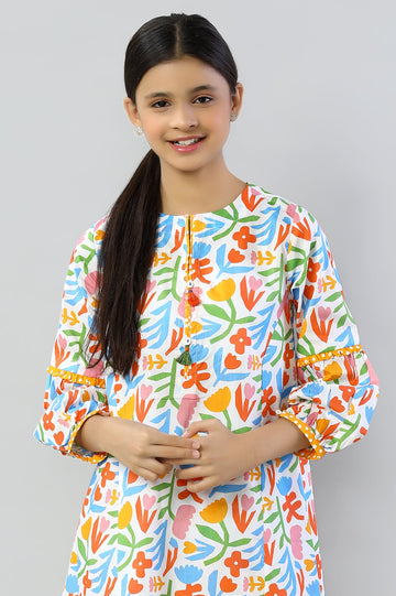 Cream Printed Teens Kurti - Diners