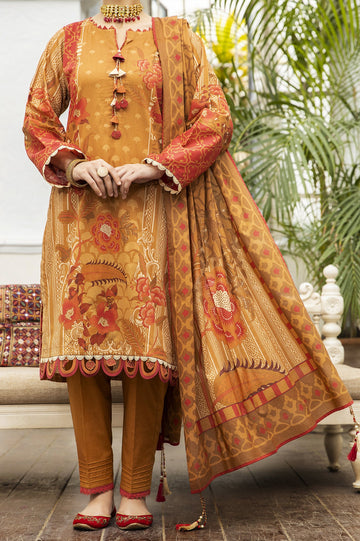 Unstitched 3 Pcs Cambric Printed Shirt, Cambric Printed Dupatta, Cambric Dyed Trouser