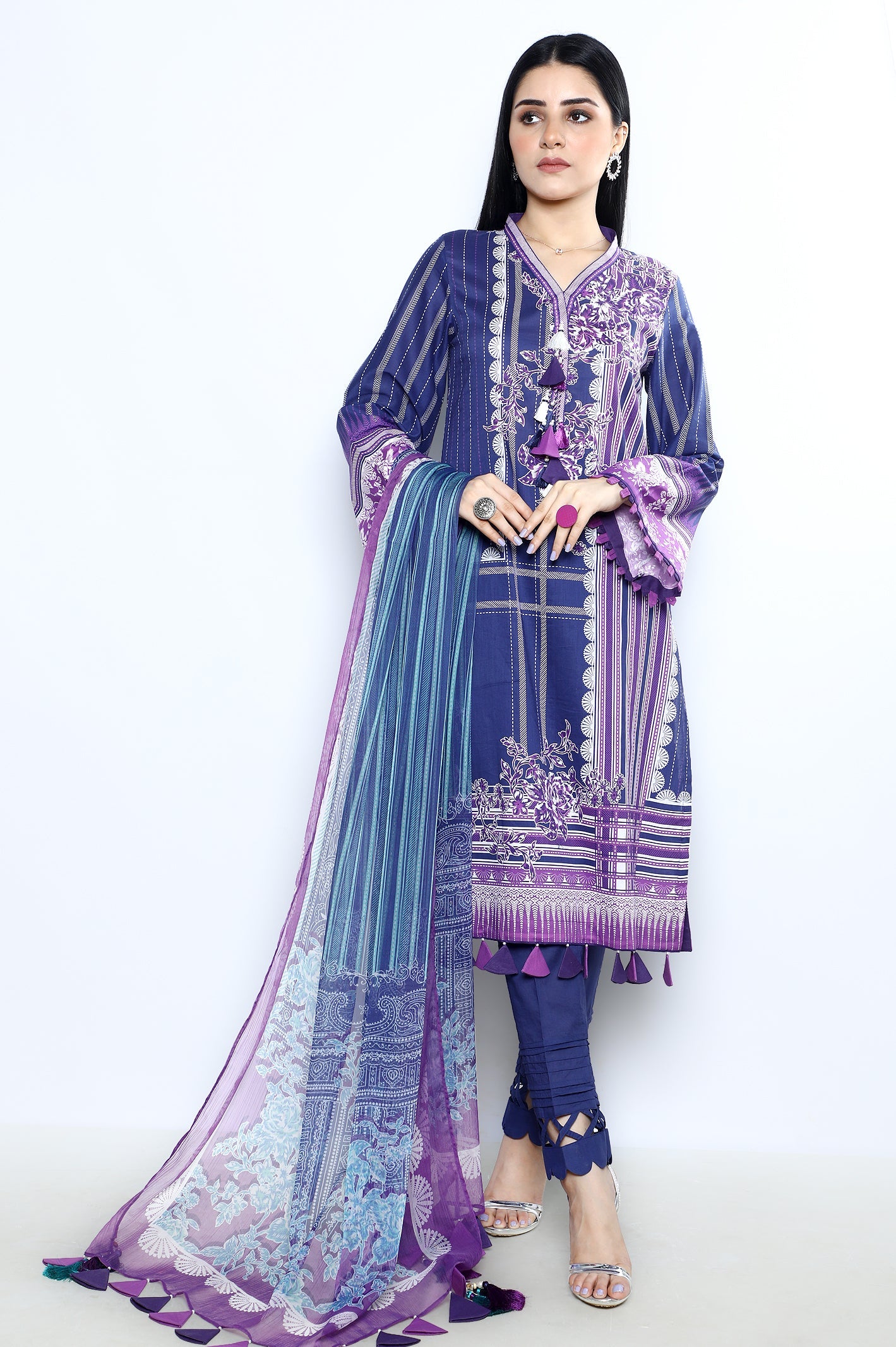 Unstitched 3 Piece Lawn Printed Shirt, Chiffon Printed Dupatta and Cotton Dyed Trouser - Diners
