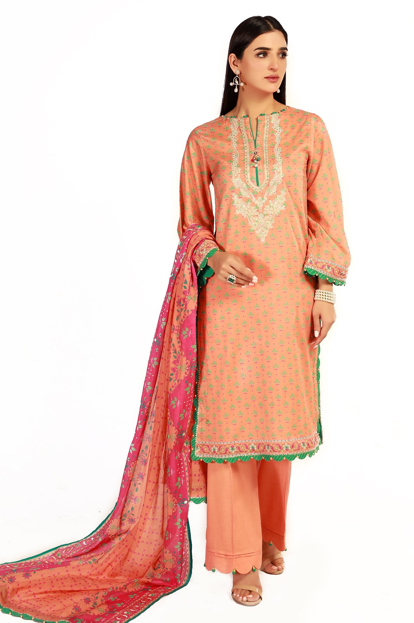 Unstitched 3 Piece Lawn Printed Emb Shirt, Lawn Printed Dupatta and Cotton Dyed Trouser - Diners