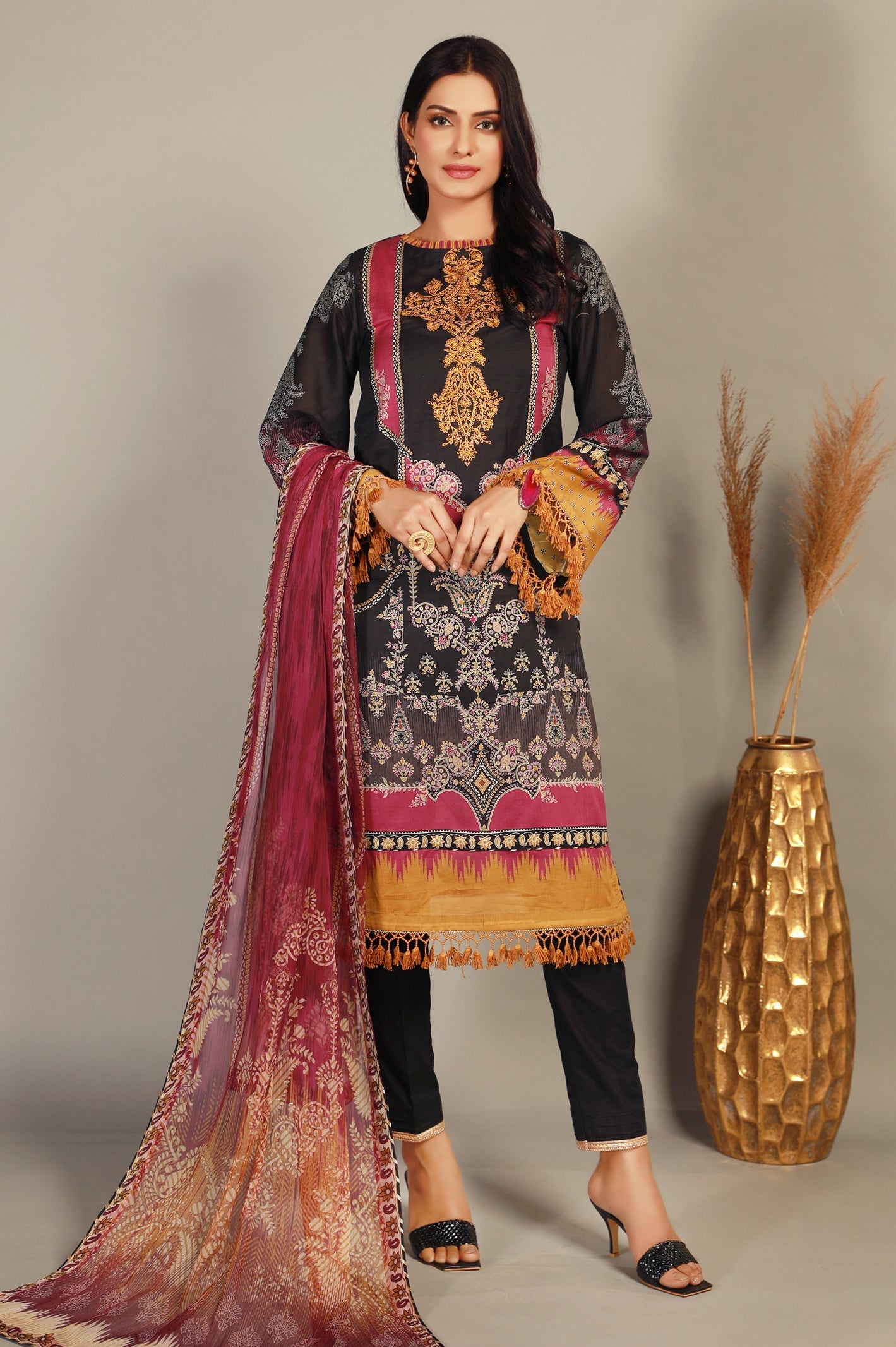 Unstitched 3 Piece Lawn Printed Emb Shirt, Chiffon Printed Dupatta and Cotton Dyed Trouser - Diners