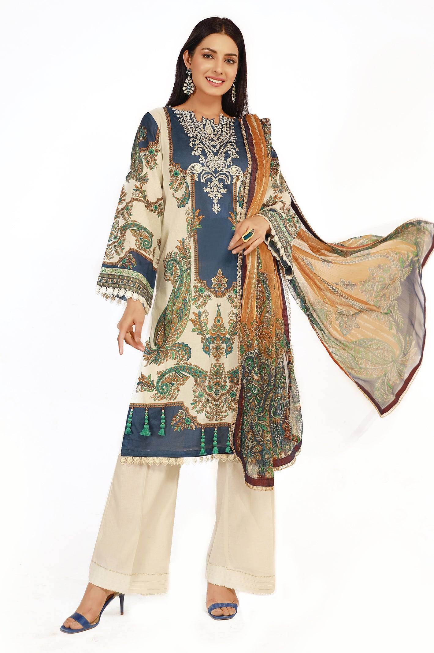 Unstitched 3 Piece Lawn Printed Emb Shirt, Chiffon Printed Dupatta and Cotton Dyed Trouser - Diners