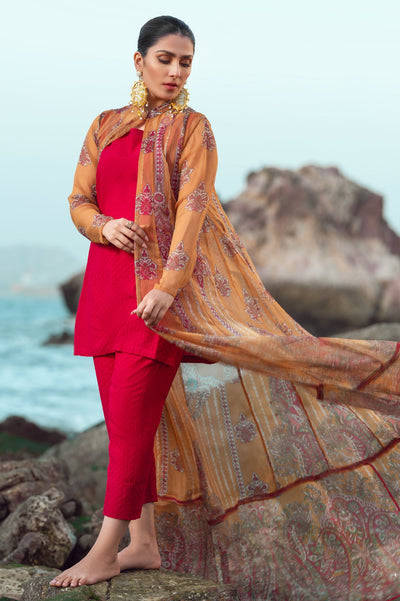 Unstitched 3 Piece Lawn Printed Emd Shirt,Printed Chiffon Dupatta and Cotton Dyed Trouser - Diners