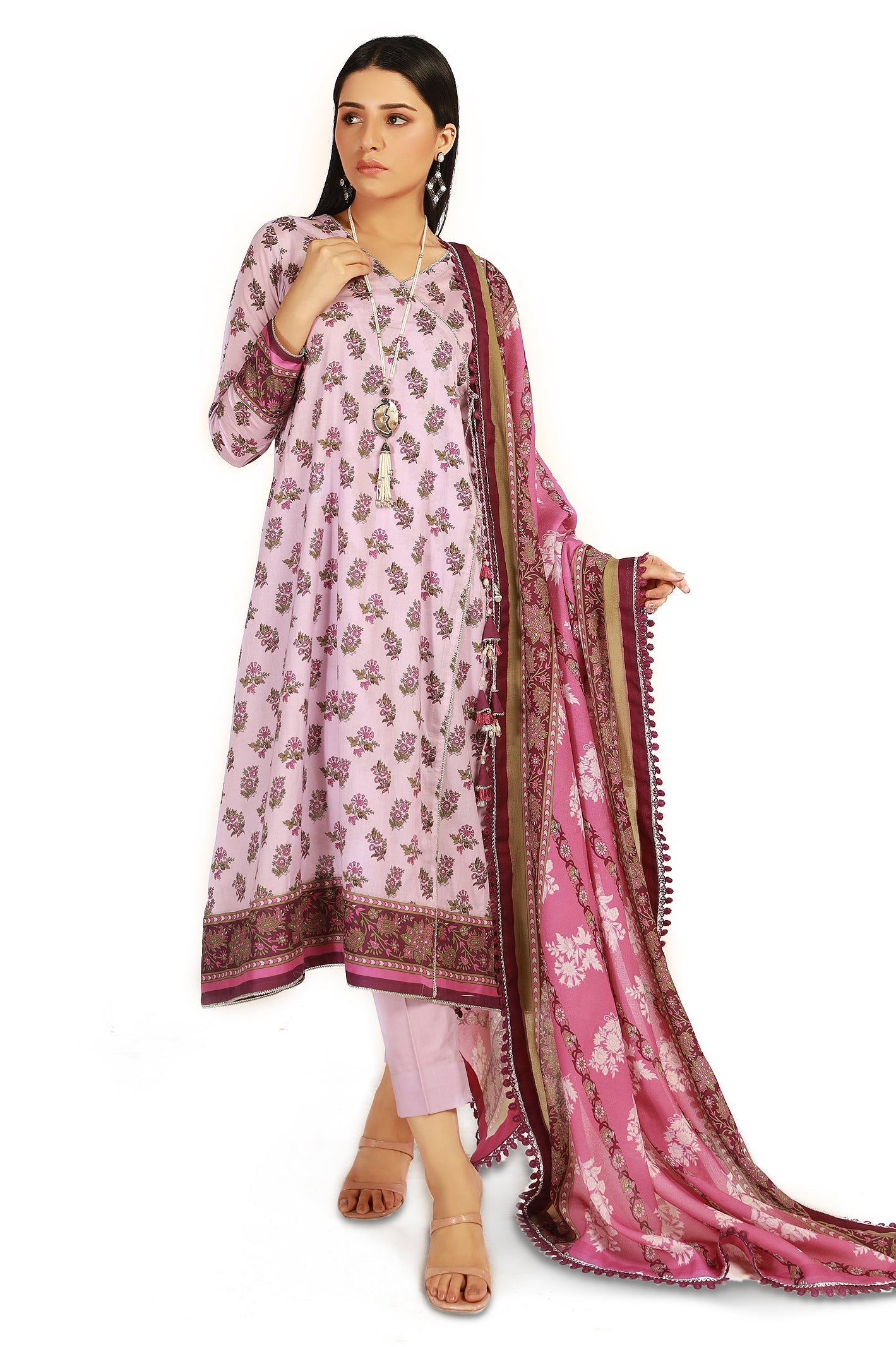 Unstitched 3 Piece Lawn Printed Shirt, Printed Tennis Net Dupatta and Cotton Dyed Trouser - Diners