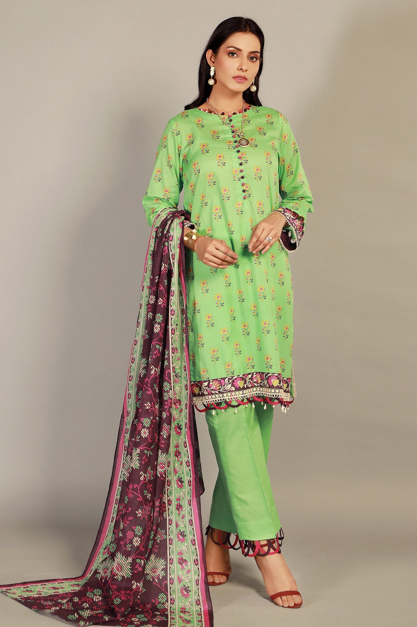 Unstitched 3 Piece Lawn Printed Shirt, Lawn Printed Dupatta and Cotton Dyed Trouser - Diners