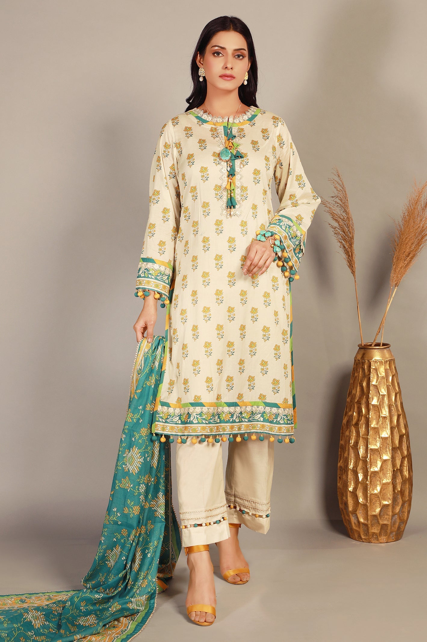 Unstitched 3 Piece Lawn Printed Shirt,Lawn Printed Dupatta and Cotton Dyed Trouser - Diners