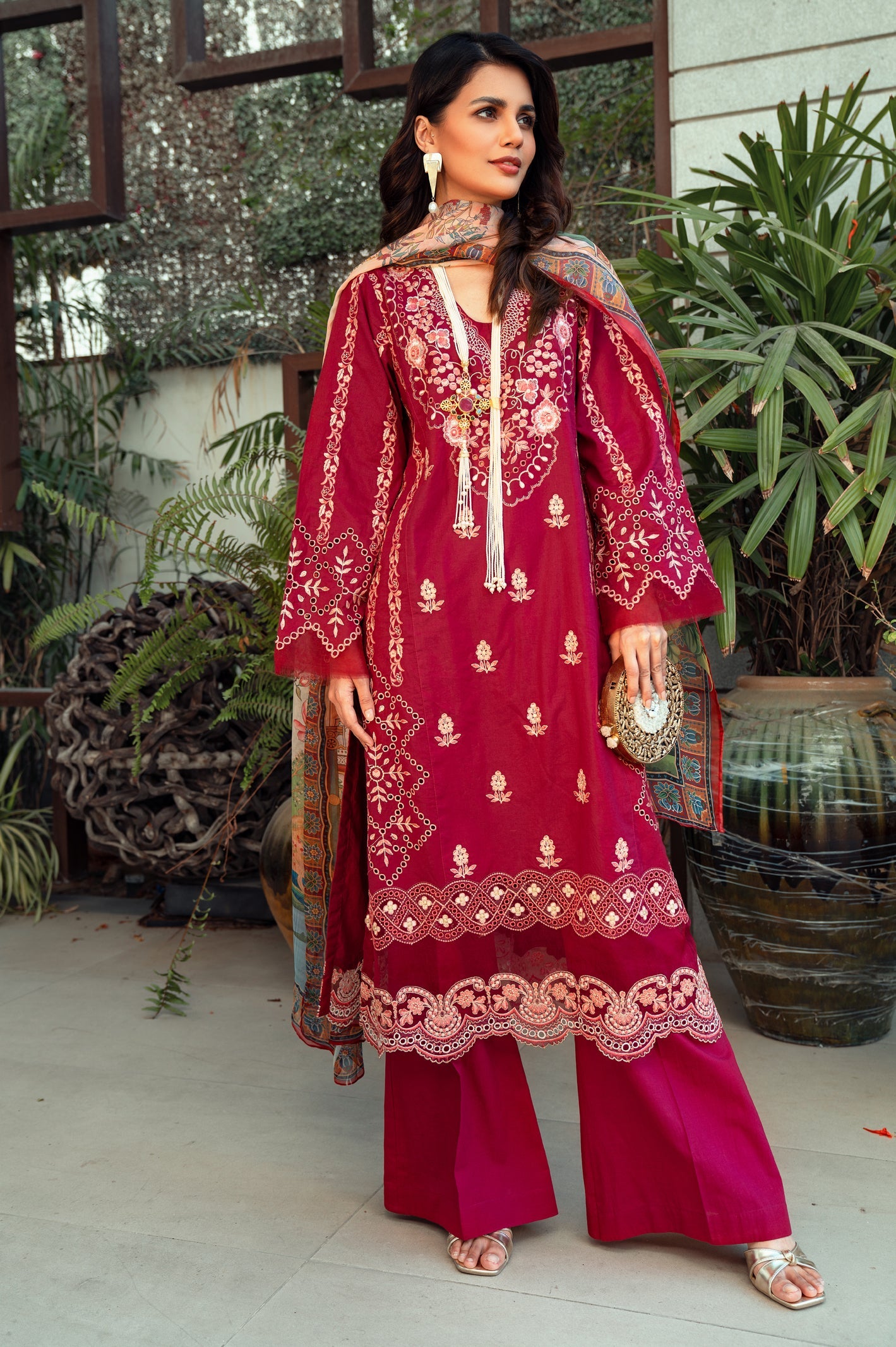 Unstitched 3 Piece Chikankari Emb Lawn Shirt, Printed Silk Dupatta, Cotton Dyed Trouser - Diners