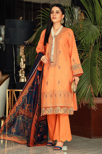 Unstitched 3 Piece Chikankari Emb Lawn Shirt, Printed Silk Dupatta, Cotton Dyed Trouser - Diners