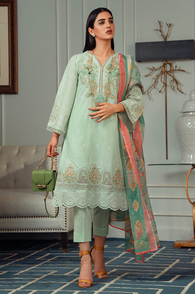 Unstitched 3 Piece Chikankari Emb Lawn Shirt, Printed Silk Dupatta, Cotton Dyed Trouser - Diners