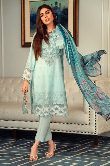 Unstitched 3 Piece Chikankari Emb Shirt, Printed Silk Dupatta, Cotton Dyed Trouser - Diners