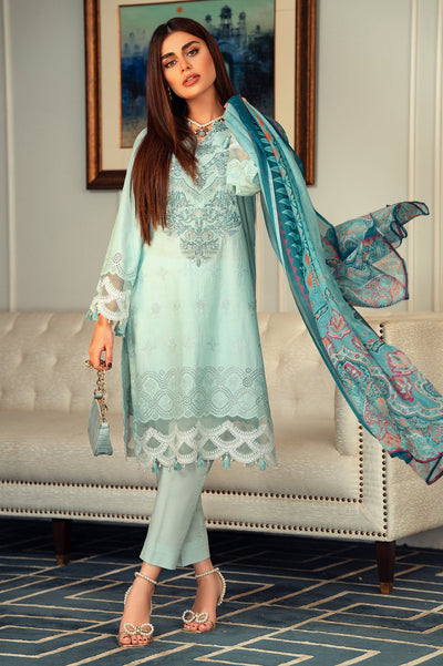 Unstitched 3 Piece Chikankari Emb Shirt, Printed Silk Dupatta, Cotton Dyed Trouser - Diners