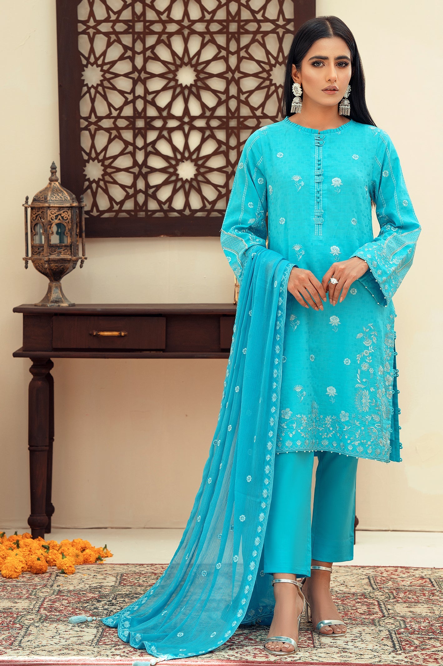 Unstitched 3 Piece Emb Jacquard Shirt, Chiffon Emb Dupatta & Cotton Dyed Trouser - Diners