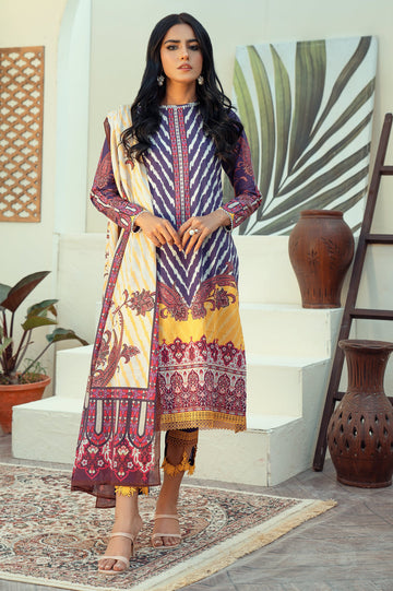 Unstitched 3 Piece Lawn Printed Shirt, Lawn Printed Dupatta, Cotton Dyed Trouser - Diners