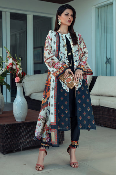 Unstitched 3 Piece Lawn Printed Shirt, Lawn Printed Dupatta, Cotton Dyed Trouser - Diners