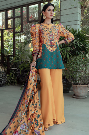 Unstitched 3 Piece Lawn Printed Shirt, Lawn Printed Dupatta, Cotton Dyed Trouser - Diners