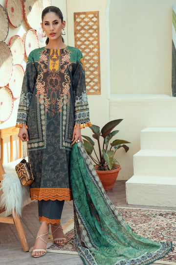 Unstitched 3 Piece Lawn Printed Shirt, Lawn Printed Dupatta, Cotton Dyed Trouser - Diners