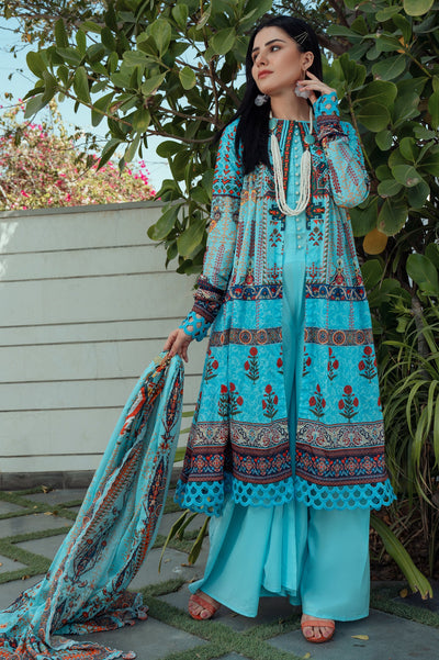 Unstitched 3 Piece Lawn Printed Shirt, Lawn Printed Dupatta, Cotton Dyed Trouser - Diners